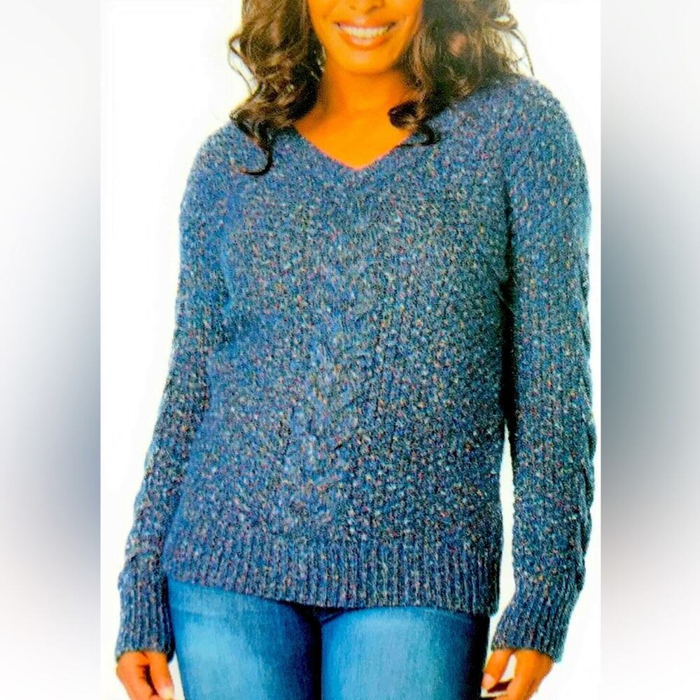 Cable Knit Tunic Sweater Blue Confetti Flecked V Neck Cozy XXL - Picture 12 of 12